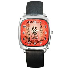 Cute Giraffe In Love With Heart And Floral Elements Square Metal Watch by FantasyWorld7