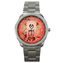 Cute Giraffe In Love With Heart And Floral Elements Sport Metal Watch