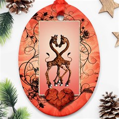 Cute Giraffe In Love With Heart And Floral Elements Oval Ornament (two Sides)