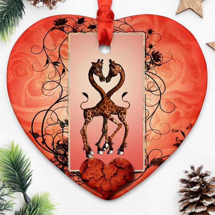 Cute Giraffe In Love With Heart And Floral Elements Heart Ornament (2 Sides)