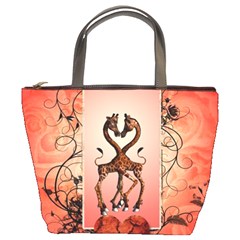 Cute Giraffe In Love With Heart And Floral Elements Bucket Bags by FantasyWorld7