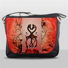 Cute Giraffe In Love With Heart And Floral Elements Messenger Bags by FantasyWorld7