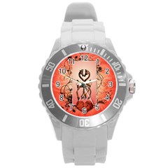 Cute Giraffe In Love With Heart And Floral Elements Round Plastic Sport Watch (l)