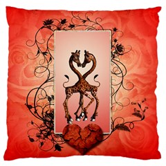 Cute Giraffe In Love With Heart And Floral Elements Large Flano Cushion Case (one Side) by FantasyWorld7