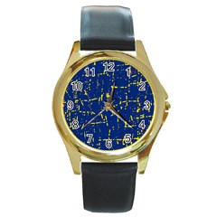 Deep Blue And Yellow Pattern Round Gold Metal Watch by Valentinaart