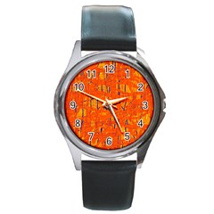 Orange Pattern Round Metal Watch by Valentinaart