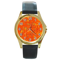 Orange Pattern Round Gold Metal Watch by Valentinaart