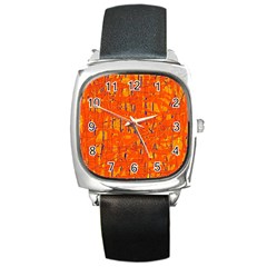 Orange Pattern Square Metal Watch by Valentinaart