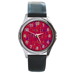 Red And Blue Pattern Round Metal Watch