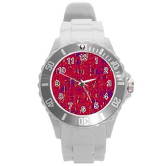 Red And Blue Pattern Round Plastic Sport Watch (l) by Valentinaart