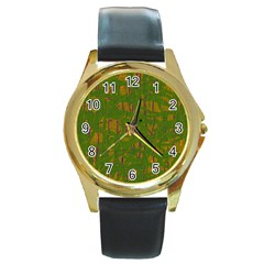 Green Pattern Round Gold Metal Watch by Valentinaart