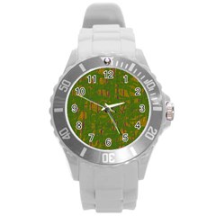 Green Pattern Round Plastic Sport Watch (l) by Valentinaart