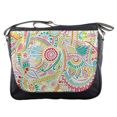 Hippie Flowers Pattern, Pink Blue Green, Zz0101 Messenger Bags by Zandiepants