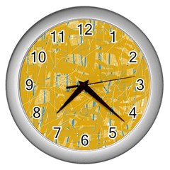 Yellow Pattern Wall Clocks (silver)  by Valentinaart