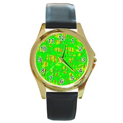 Neon Green Pattern Round Gold Metal Watch