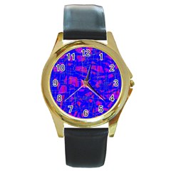 Blue Pattern Round Gold Metal Watch