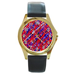 Red And Blue Pattern Round Gold Metal Watch by Valentinaart