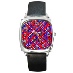 Red And Blue Pattern Square Metal Watch