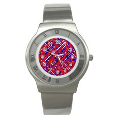 Red And Blue Pattern Stainless Steel Watch by Valentinaart