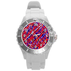 Red And Blue Pattern Round Plastic Sport Watch (l) by Valentinaart