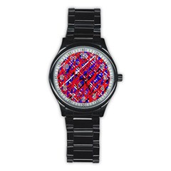 Red And Blue Pattern Stainless Steel Round Watch