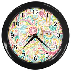 Hippie Flowers Pattern, Pink Blue Green, Zz0101 Wall Clock (black) by Zandiepants