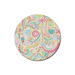 Hippie Flowers Pattern, Pink Blue Green, Zz0101 Rubber Round Coaster (4 Pack) by Zandiepants