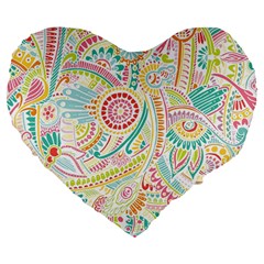 Hippie Flowers Pattern, Pink Blue Green, Zz0101 Large 19  Premium Heart Shape Cushion by Zandiepants