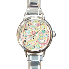 Hippie Flowers Pattern, Pink Blue Green, Zz0101 Round Italian Charm Watch by Zandiepants