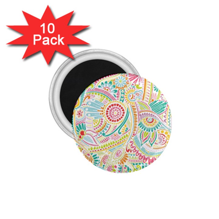 Hippie Flowers Pattern, pink blue green, zz0101 1.75  Magnet (10 pack) 