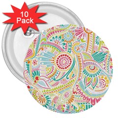 Hippie Flowers Pattern, Pink Blue Green, Zz0101 3  Button (10 Pack) by Zandiepants