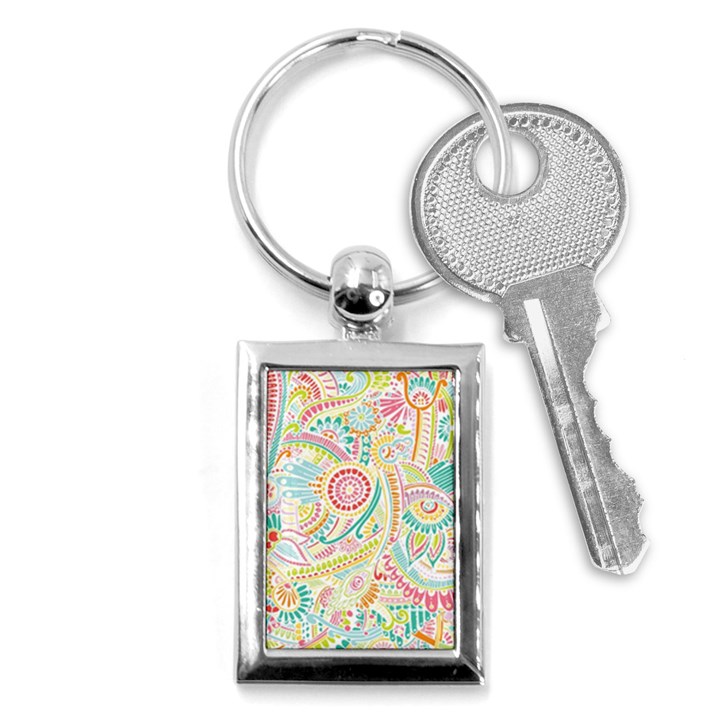 Hippie Flowers Pattern, pink blue green, zz0101 Key Chain (Rectangle)