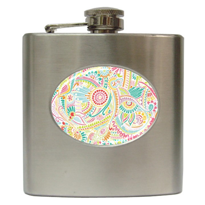 Hippie Flowers Pattern, pink blue green, zz0101 Hip Flask (6 oz)