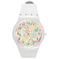 Hippie Flowers Pattern, Pink Blue Green, Zz0101 Round Plastic Sport Watch (m) by Zandiepants