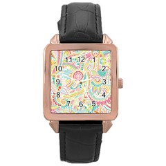 Hippie Flowers Pattern, Pink Blue Green, Zz0101 Rose Gold Leather Watch  by Zandiepants