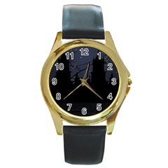 Dark Scene Illustration Round Gold Metal Watch