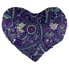 Purple Hippie Flowers Pattern, Zz0102, Large 19  Premium Flano Heart Shape Cushion by Zandiepants