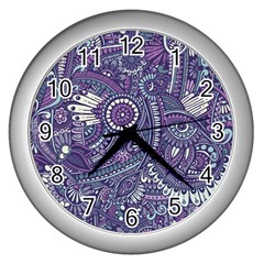 Purple Hippie Flowers Pattern, Zz0102, Wall Clock (silver) by Zandiepants