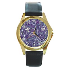 Purple Hippie Flowers Pattern, Zz0102, Round Gold Metal Watch by Zandiepants