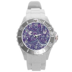 Purple Hippie Flowers Pattern, Zz0102, Round Plastic Sport Watch (l)