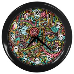 Colorful Hippie Flowers Pattern, Zz0103 Wall Clock (black) by Zandiepants