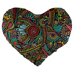 Colorful Hippie Flowers Pattern, Zz0103 Large 19  Premium Flano Heart Shape Cushion by Zandiepants