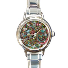 Colorful Hippie Flowers Pattern, Zz0103 Round Italian Charm Watch by Zandiepants