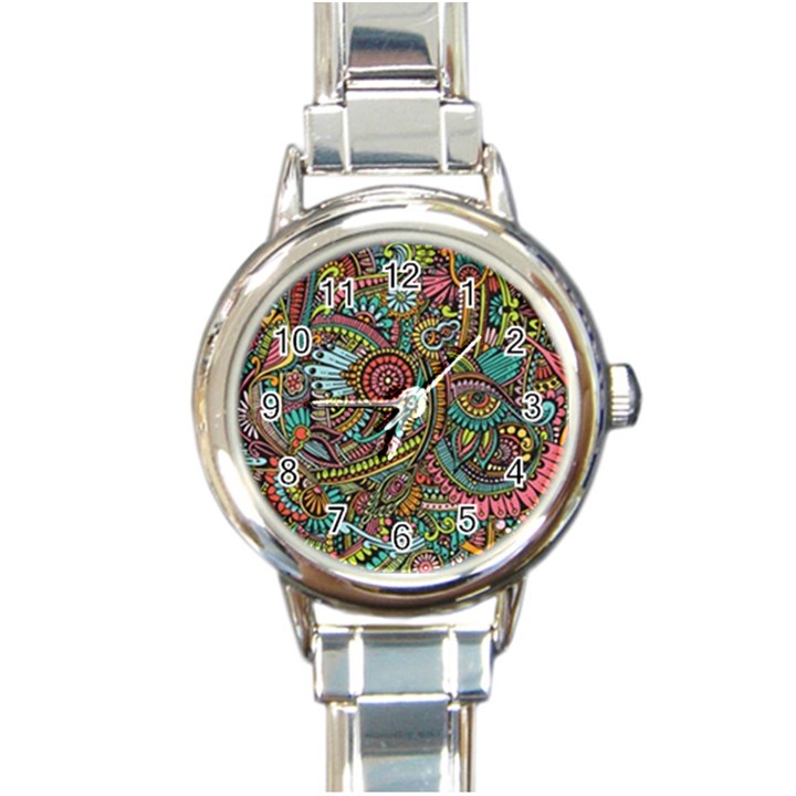 Colorful Hippie Flowers Pattern, zz0103 Round Italian Charm Watch