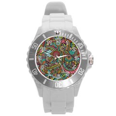 Colorful Hippie Flowers Pattern, Zz0103 Round Plastic Sport Watch (l) by Zandiepants