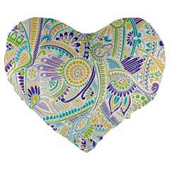 Purple, Green, Yellow Hippie Flowers Pattern, Zz0104 Large 19  Premium Flano Heart Shape Cushion by Zandiepants