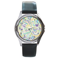 Purple, Green, Yellow Hippie Flowers Pattern, Zz0104, Round Metal Watch by Zandiepants