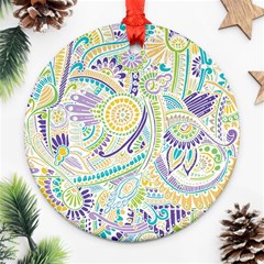 Purple, Green, Yellow Hippie Flowers Pattern, Zz0104, Ornament (round) by Zandiepants