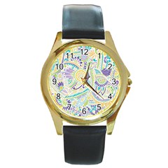 Purple, Green, Yellow Hippie Flowers Pattern, Zz0104, Round Gold Metal Watch by Zandiepants