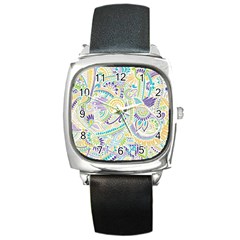 Purple, Green, Yellow Hippie Flowers Pattern, Zz0104, Square Metal Watch by Zandiepants